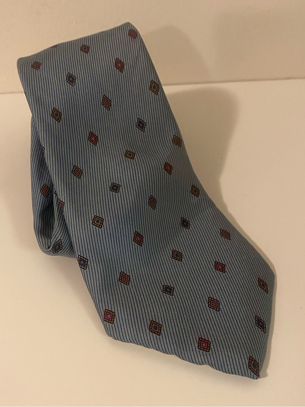 Yves Saint Laurent Sky Blue Tie with Multicolor Geometric Motifs